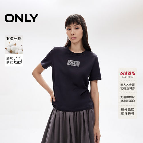 ONLY亮片字母装饰圆领T恤
