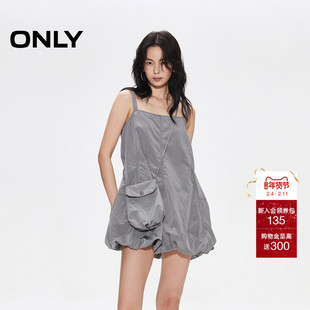 ONLY2025夏季新款宽松吊带方领A字纯色蓬松花苞裙短裙连衣裙女