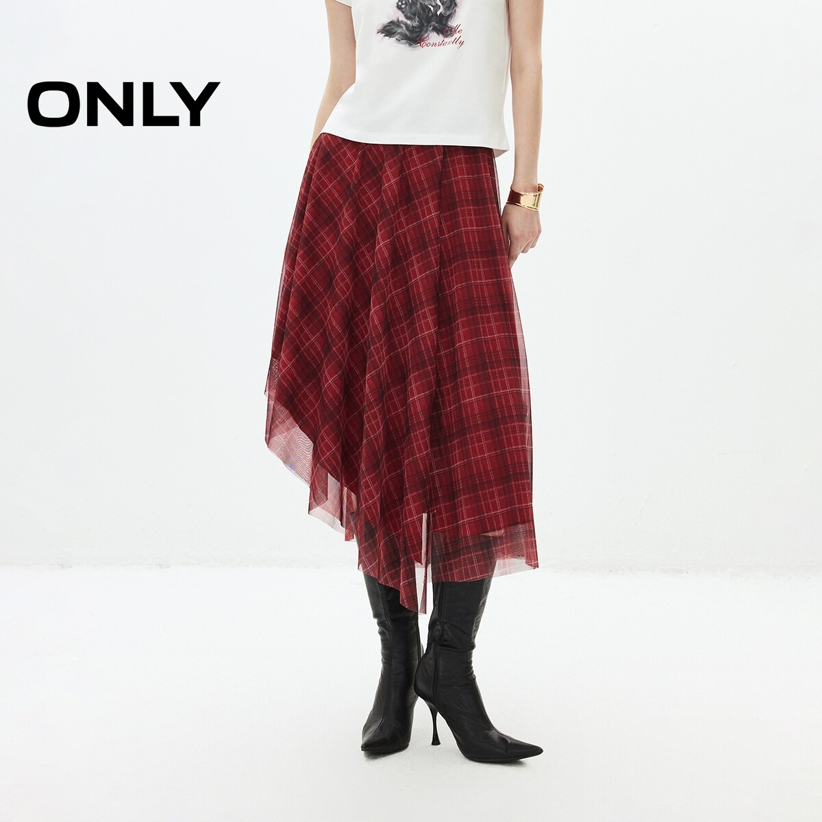 ONLY弹力腰头格纹不对称半身裙女
