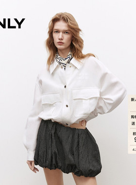 ONLY2026春季新款巴恩风莱赛尔工装大口袋翻领宽松白色短款外套女
