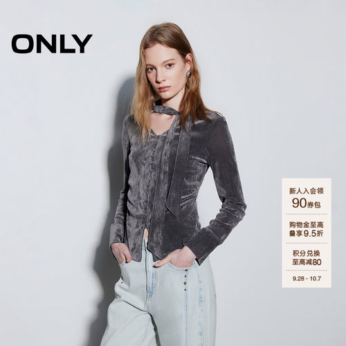 ONLYV领飘带修身丝绒T恤