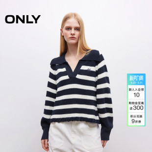针织衫 饰边海军风大翻领条纹插肩袖 上衣女 衣摆绳带装 ONLY春季