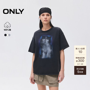 可爱宠物小猫图案柔软透气圆领落肩宽松上衣T恤女 ONLY夏季