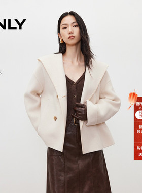 ONLY2025冬季新款100%绵羊毛慵懒宽松立体连帽侧开衩毛呢大衣外套