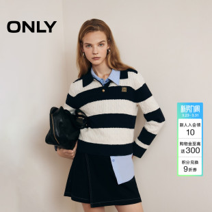 ONLY春季 上衣女 含羊毛航海系学院风条纹翻领宽松毛衣针织衫