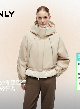 ONLY2025冬季新款三防工装户外立领连帽抽绳叠穿假两件羽绒服女