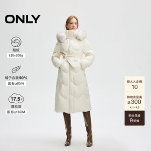 ONLY冬季 轻奢保暖翻领连帽狐狸毛领长款 收腰羽绒服 鹅绒服