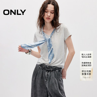 ONLY2026夏季新款通勤优雅短袖丝巾飘带显瘦上衣正肩短袖T恤女