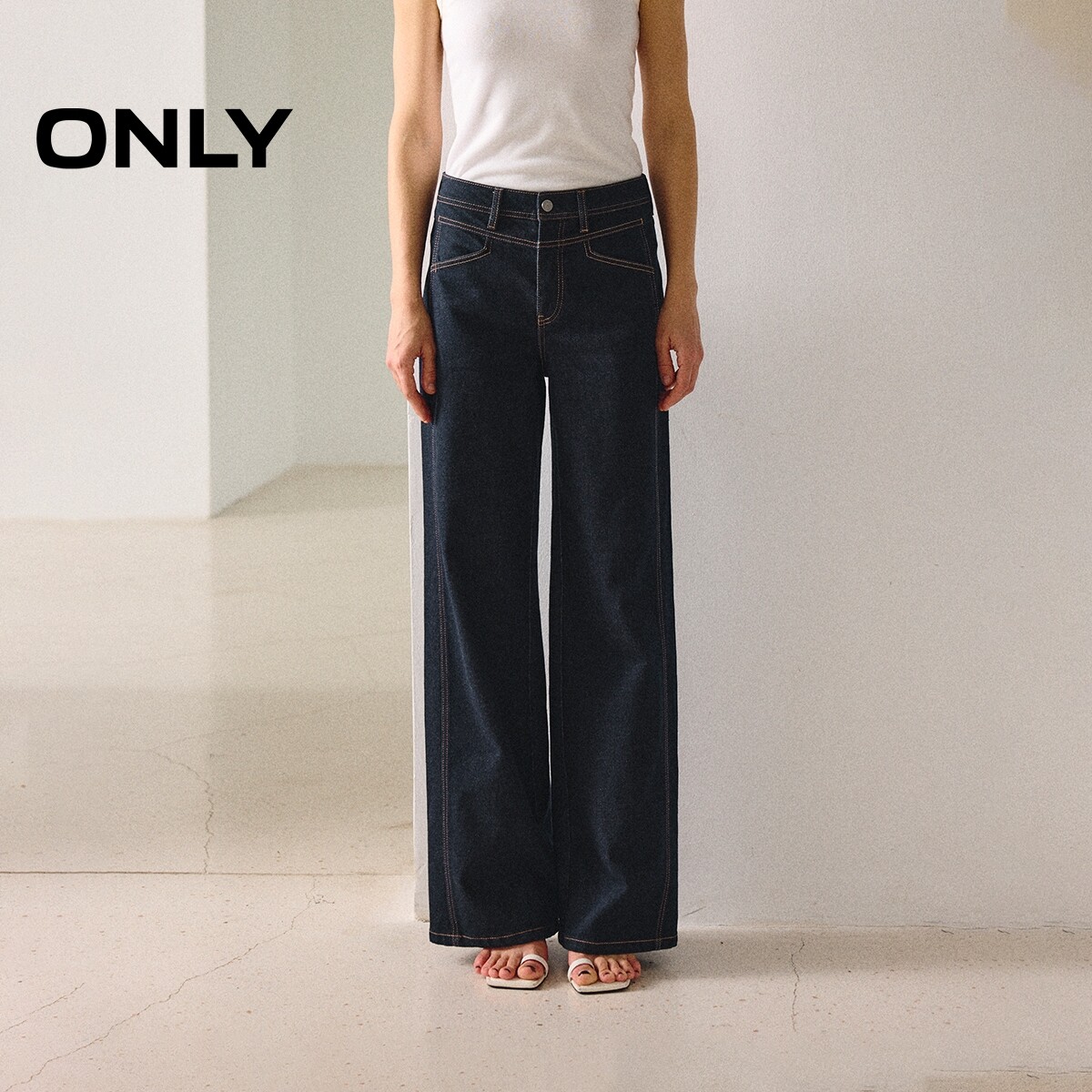 ONLY撞色明线宽松直筒裤牛仔裤女