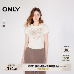 新款 复古修身 ONLY2025夏季 美式 125101062 正肩印花圆领短款 T恤女