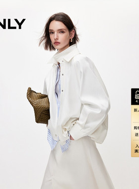 ONLY2026春季新款天丝花苞松紧下摆宽松插肩袖翻领白色牛仔外套女