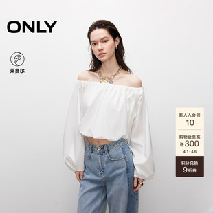 ONLY春季 长袖 雪纺衫 上衣女 甜美一字肩花苞下摆设计宽松短款