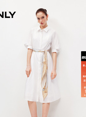 ONLY2026春季新款莱赛尔泡泡袖丝巾装饰中长收腰衬衫白色连衣裙子