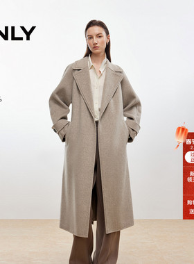 ONLY2025冬季新款100%绵羊毛双面呢翻领后开叉直筒长款毛呢大衣女