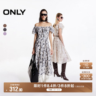 一字领中长款 ONLY2025夏季 荷叶边袖 新款 连衣裙女 花卉印花甜美法式