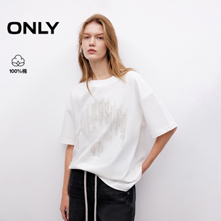 T恤女 上衣酷感字母印花OVERSIZE落肩圆领短袖 ONLY2026夏季 新款