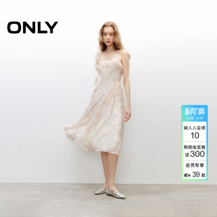 ONLY2026夏季 甜美立体花裙子荷叶边不规则吊带中长裙连衣裙 新款
