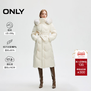 【鹅绒服】ONLY冬季轻奢保暖翻领连帽狐狸毛领长款收腰羽绒服