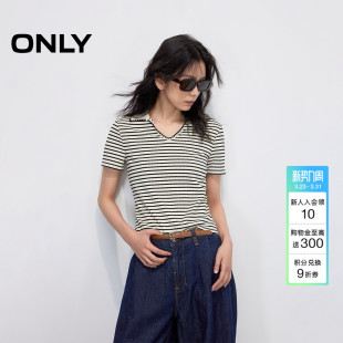 正肩短袖 条纹刺绣polo领修身 上衣T恤女 柔软舒适经典 ONLY夏季