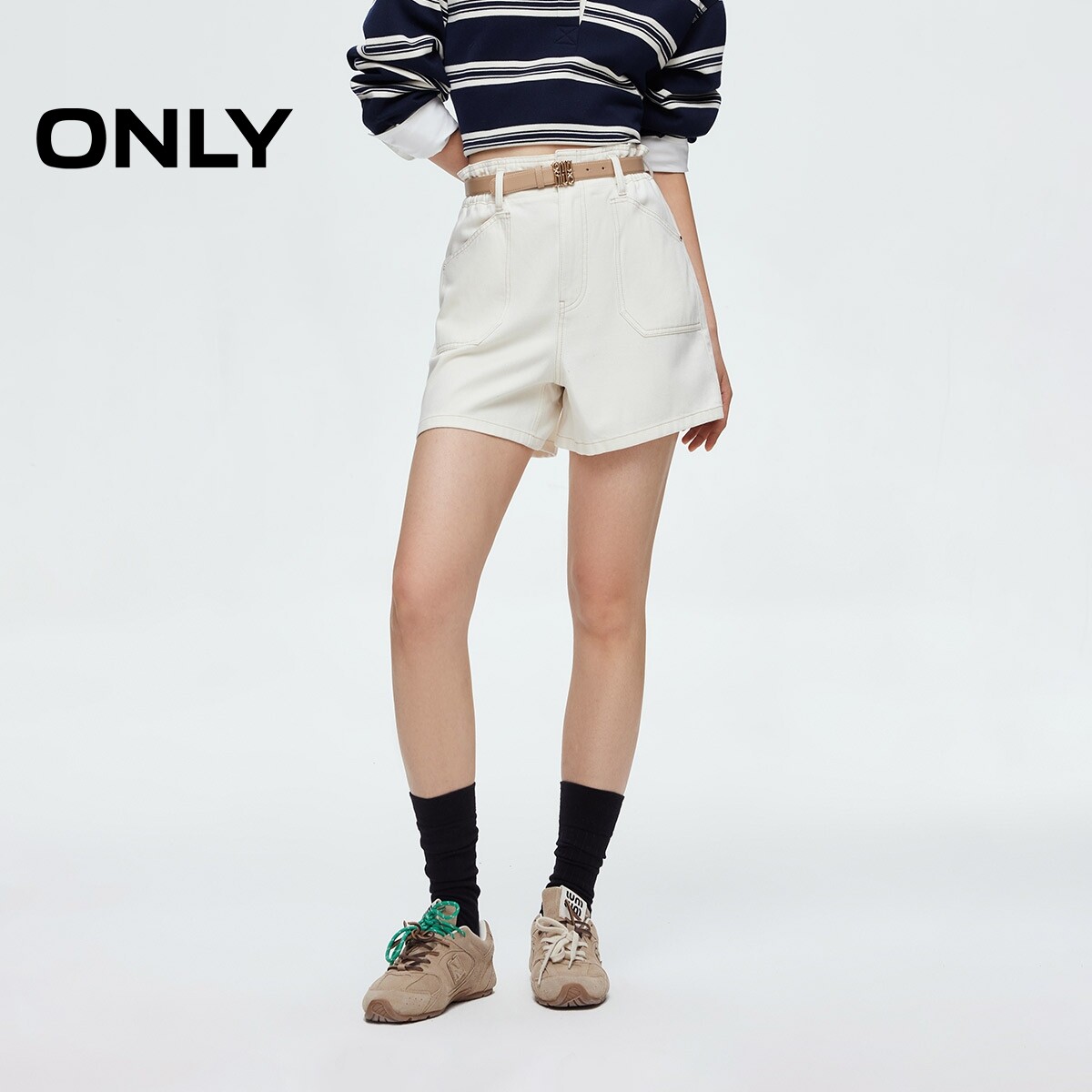 ONLY夏季花苞设计轻盈莱赛尔高腰A字版型白短裤牛仔裤女