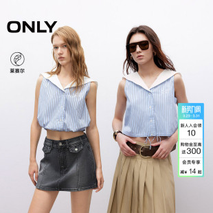 女 ONLY夏季 衬衫 无袖 125204001 上衣刺绣可调节抽绳下摆海军领短款