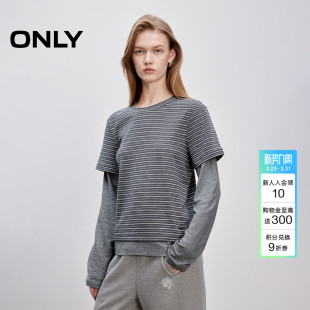 假两件T恤女 上衣休闲简约横纹设计圆领层叠长袖 ONLY2026春季 新款