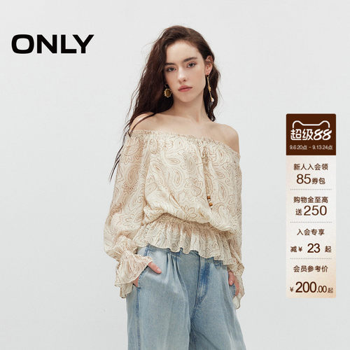 ONLY一字肩荷叶边蕾丝衫上衣