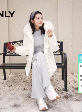【鹅绒服】ONLY2025冬季新款可拆狐狸毛领连帽工装收腰派克羽绒服