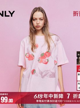 ONLY2026夏季新款纯棉上衣草莓印花OVERSIZE落肩圆领短袖T恤女