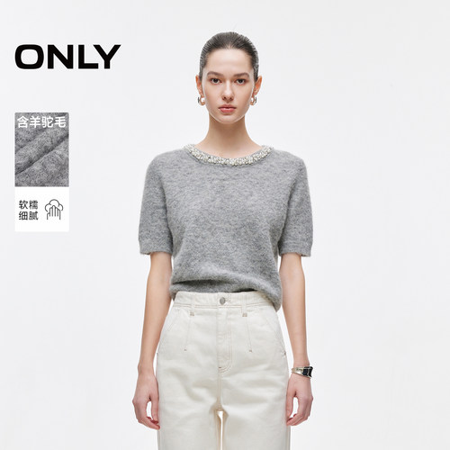 ONLY珍珠圆领短袖短款针织衫