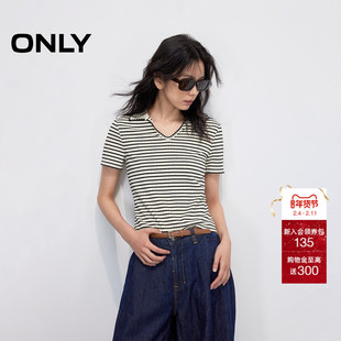 ONLY2025夏季新款柔软舒适经典条纹刺绣polo领修身正肩短袖T恤女