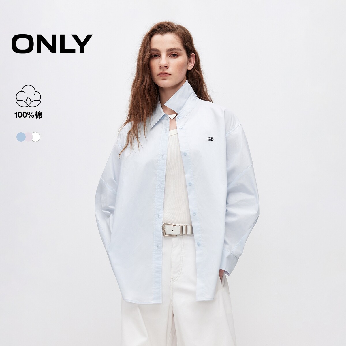 ONLY纯棉宽松款上衣刺绣长袖衬衫