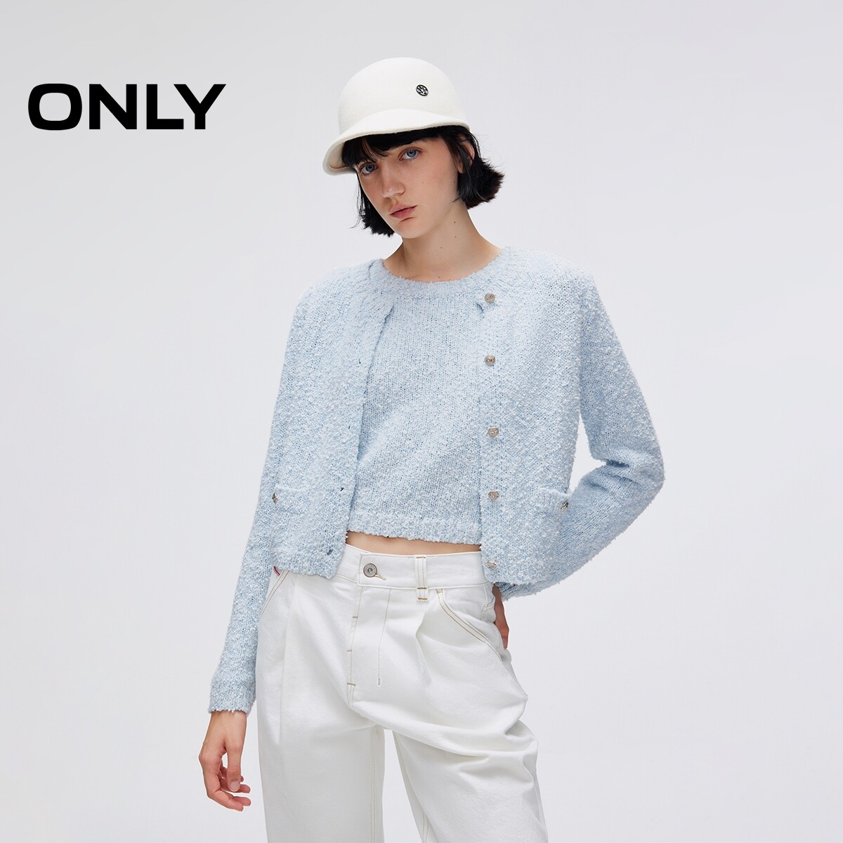 ONLY春季甜美小香风正肩圆领短款吊带套装毛衣针织衫上衣女