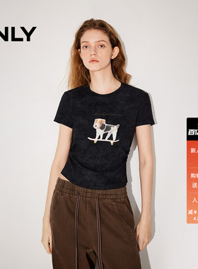 ONLY2026春季新款上衣萌宠捏褶短款可爱正肩短袖滑板小狗T恤女