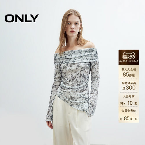 ONLY性感一字肩晕染印花长袖T恤