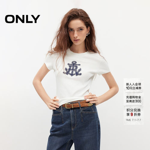 ONLY复古航海风印花修身正肩T恤