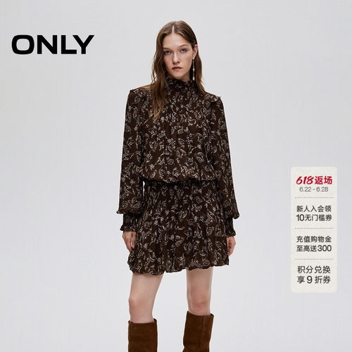 ONLY复古印花泡泡袖收腰连衣裙