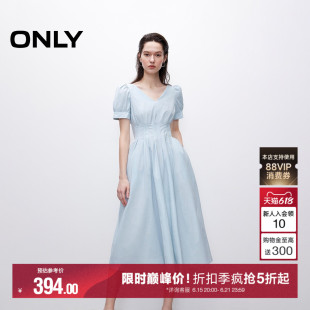 ONLY夏季新款高腰V领裙子泡泡袖收腰显瘦短袖纯色中长连衣裙