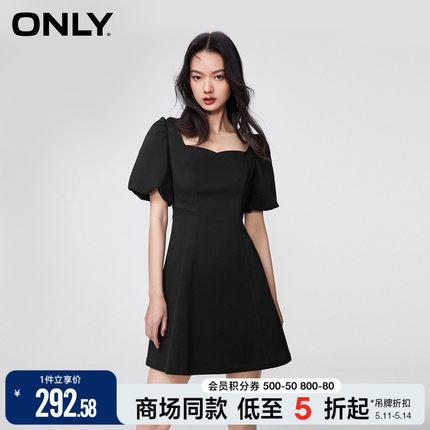 ONLY夏季时尚辣妹显瘦灯笼袖短款方领经典牛仔连衣裙女|123242049