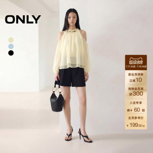 ONLY2026夏季新款海边度假风上衣削肩圆领串珠灯笼袖长袖雪纺女