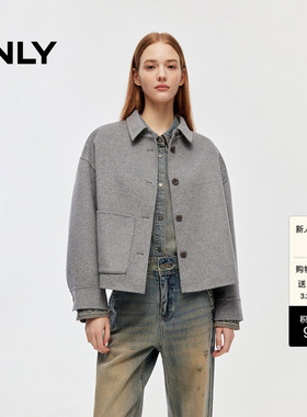 ONLY2025冬季新款大口袋宽松舒适落肩短款衬衫双面毛呢大衣外套女