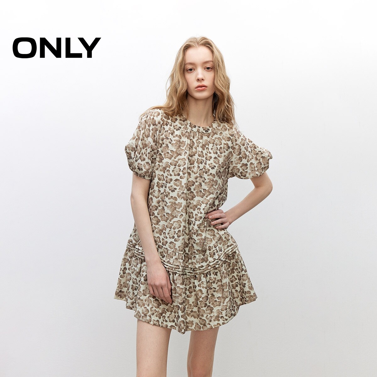 ONLY夏季甜美泡泡袖圆领裙子短袖娃娃裙宽松短裙连衣裙女