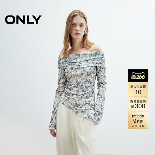 ONLY性感一字肩晕染印花长袖T恤