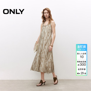 ONLY夏季 U领印花宽松长裙女 性感露背挂脖系带裙子无袖