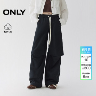 潮流宽松工装 牛仔裤 裤 子膝盖捏褶阔腿裤 女 松紧腰头裤 ONLY春季