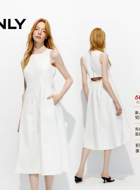 ONLY2026夏季新款赫本风镂空约会收腰裙子A字长款白色粉色连衣裙