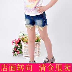 童装夏季新款水洗毛边蕾丝钩花儿童牛仔短裤女童休闲短裤纯棉