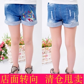 童装夏款喷漆涂鸦水洗磨破卷边儿童牛仔短裤宝宝女童纯棉短裤