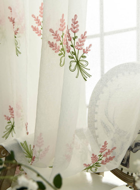 韩式田园刺绣纱帘纱帘白色底客厅飘窗窗帘短门帘绣花半透纱隔断纱