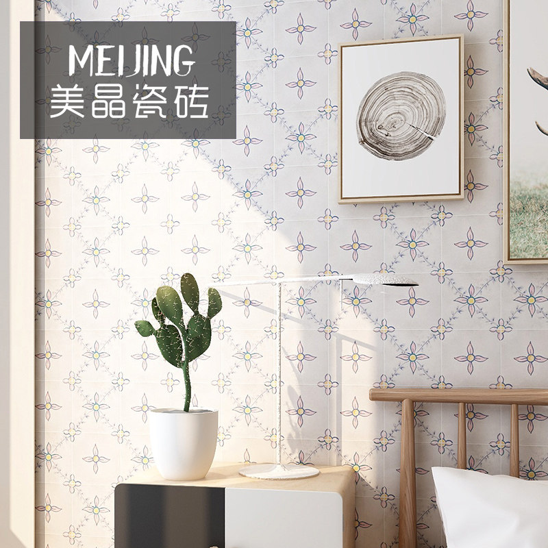 复古北欧个性手工花砖150艺术手绘墙砖田园蓝粉小花玄关浴室腰线